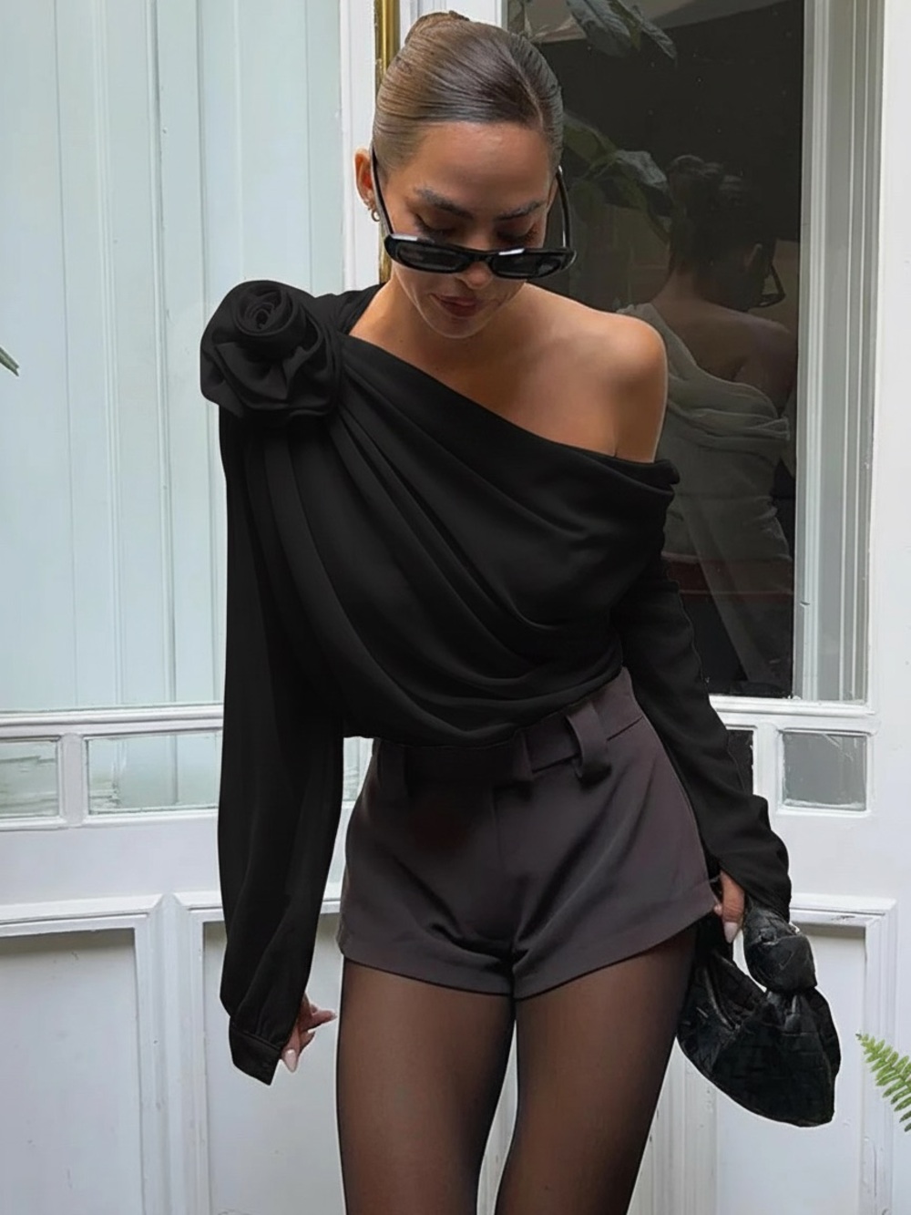 Commense Chiffon Semi-sheer One Shoulder Asymmetrical Blouse